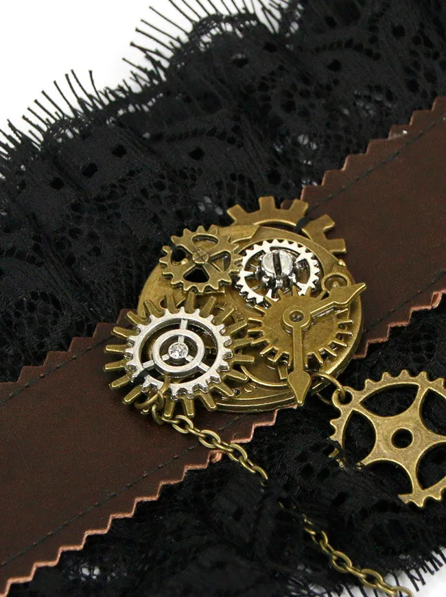 Steampunk Gothic Accessories Gear Leather Lace Wristband Bracelet with Ring